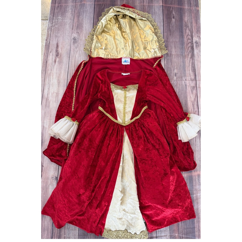 Disneyland Resort Holiday Belle Costume Dress Cape Headband Red Gold Kids 6-6X